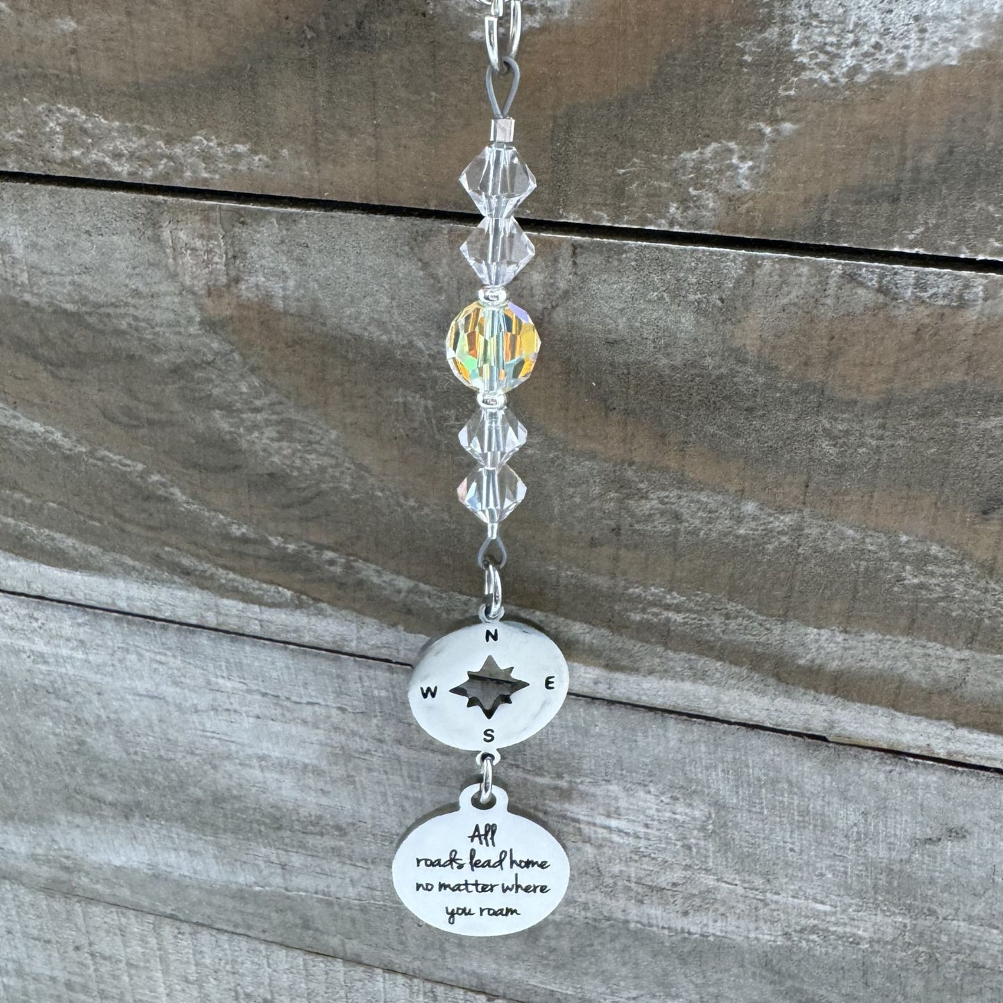 All Roads Lead Home No Matter Where You Roam Crystal Suncatcher Rear View Mirror Car Charm, Graduation Going Away Gift