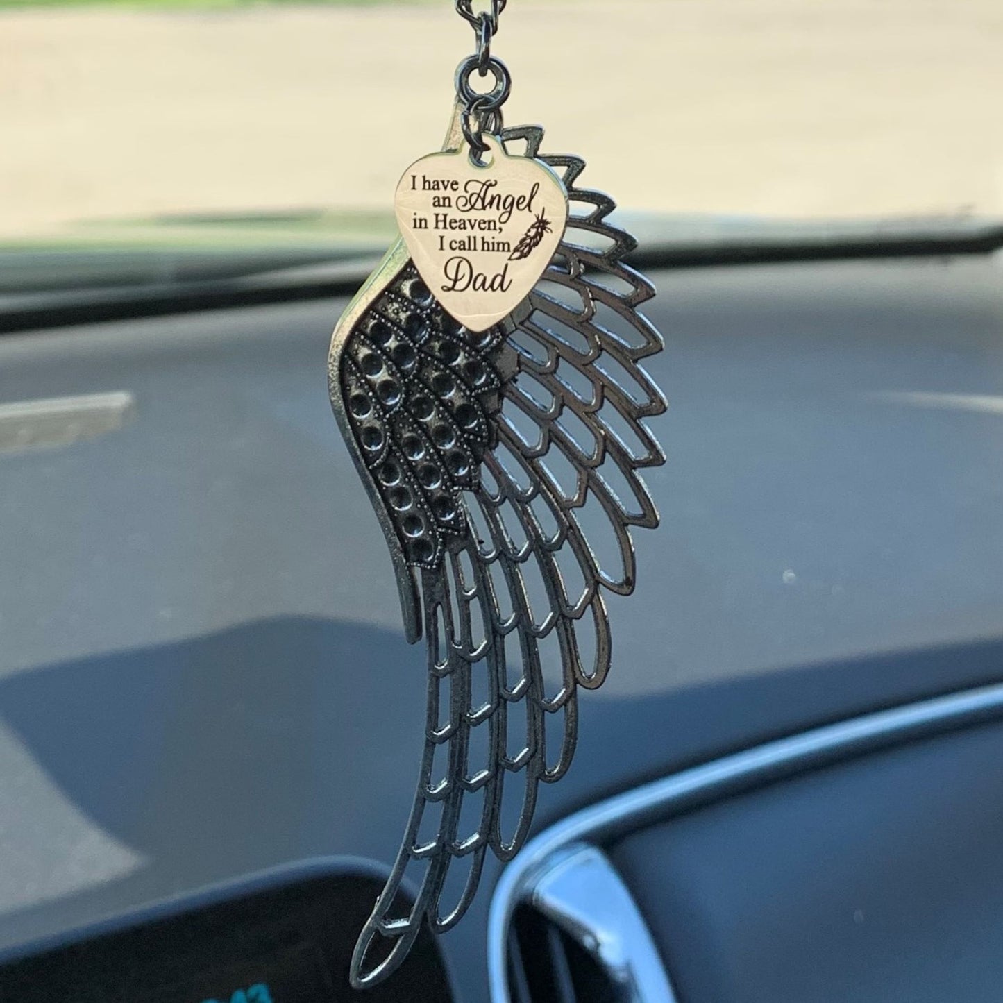 I Have An Angel In Heaven I Call Him Dad Angel Wing Feather Rear View Mirror Car Charm, Dad Memorial Gift