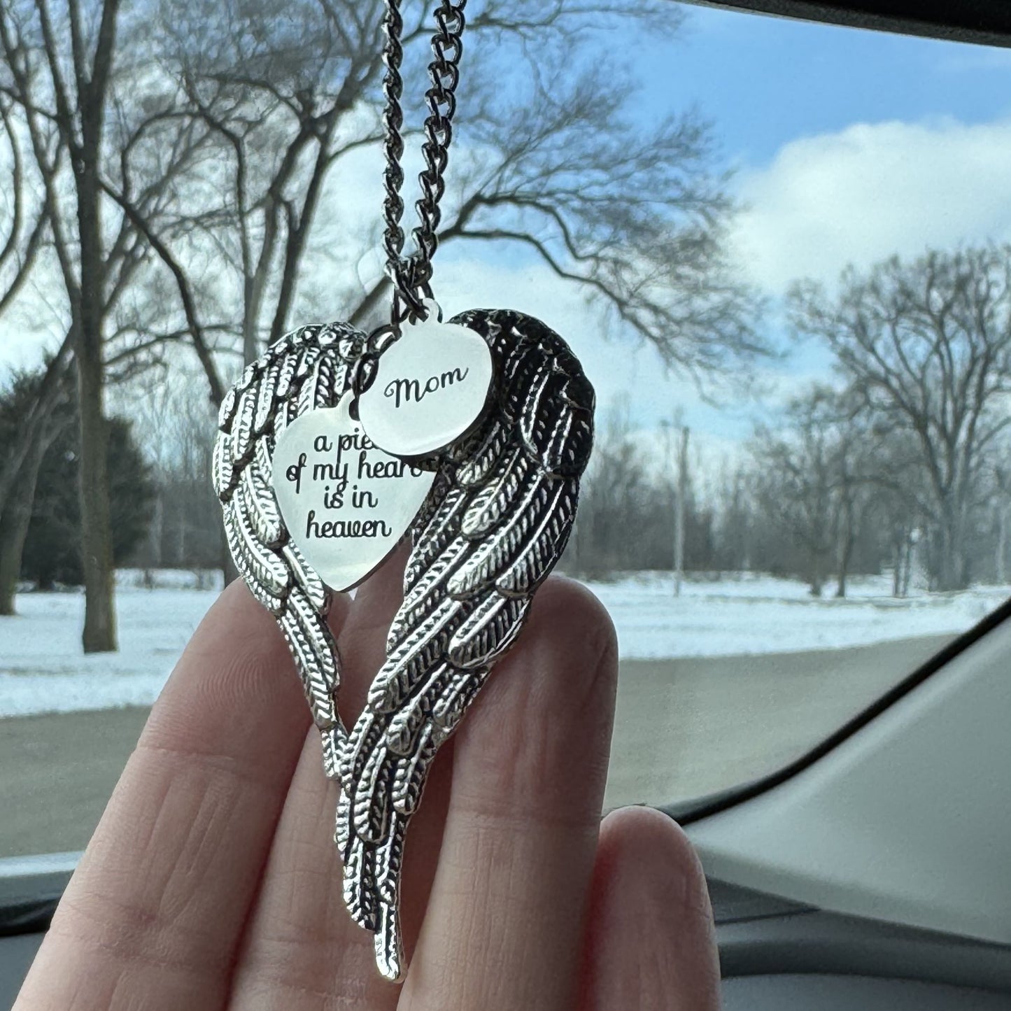 A Piece Of My Heart Is In Heaven Mom Memorial Angel Wings Car Charm