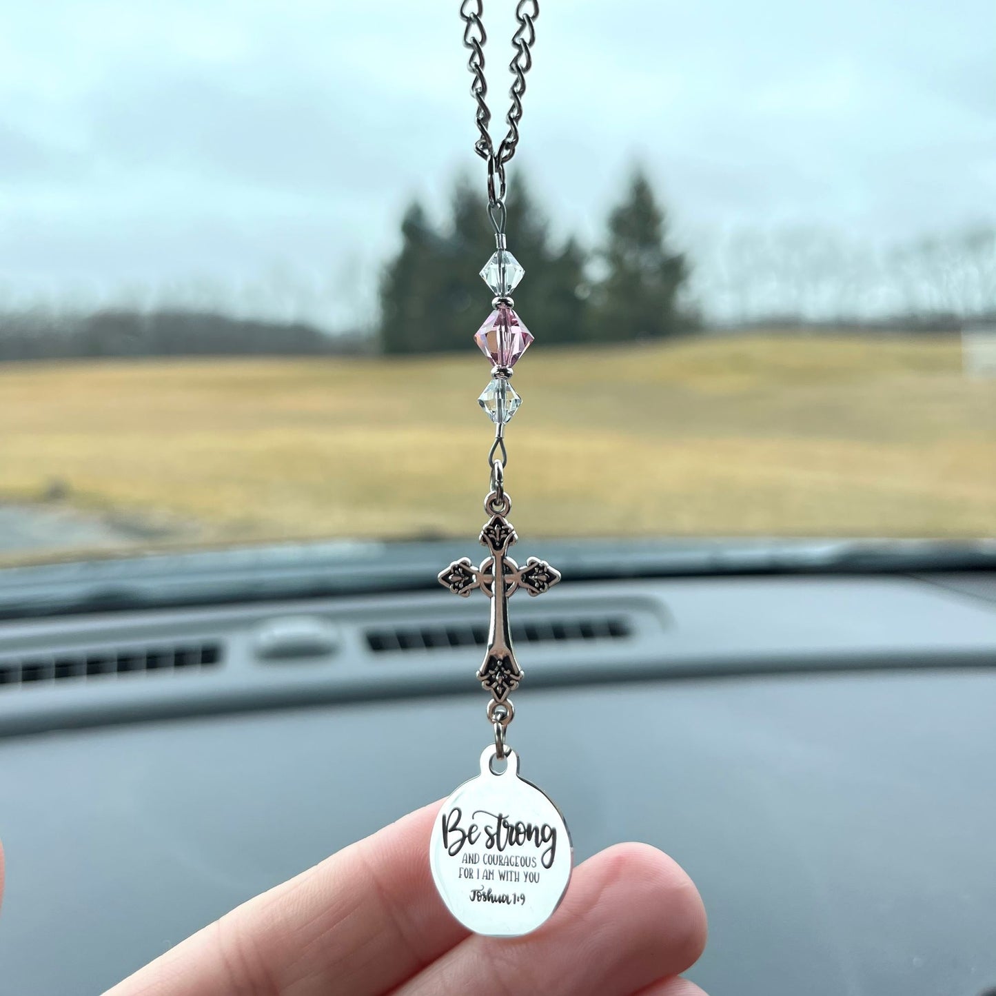 Cross Birthstone Crystal Rearview Mirror Car Charm, Be Strong And Courageous For I Am With You