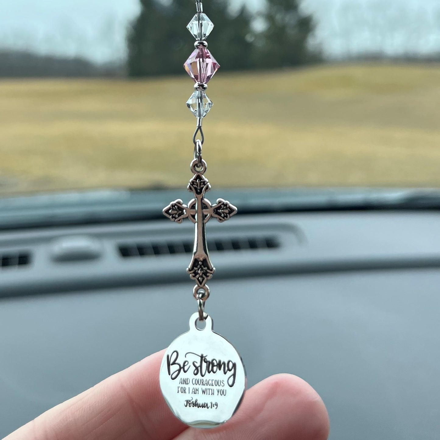 Cross Birthstone Crystal Rearview Mirror Car Charm, Be Strong And Courageous For I Am With You