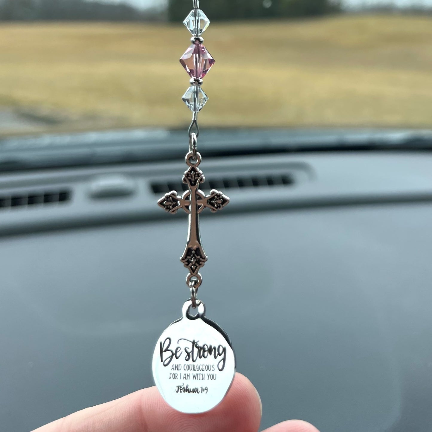 Cross Birthstone Crystal Rearview Mirror Car Charm, Be Strong And Courageous For I Am With You