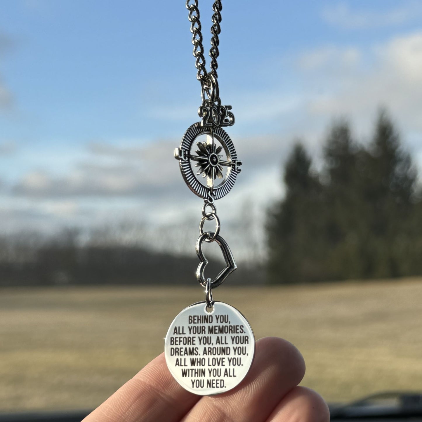 Behind You All Your Memories Compass Year Rearview Mirror Car Charm, Graduation Gift