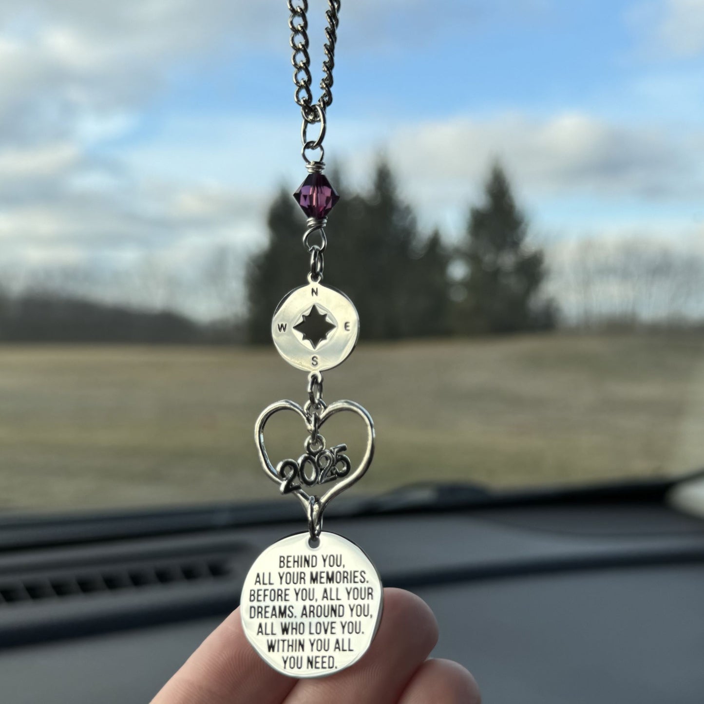 Behind you All Your Dreams Custom Birthstone Crystal Year Rearview Mirror Car Charm, Graduation Gift