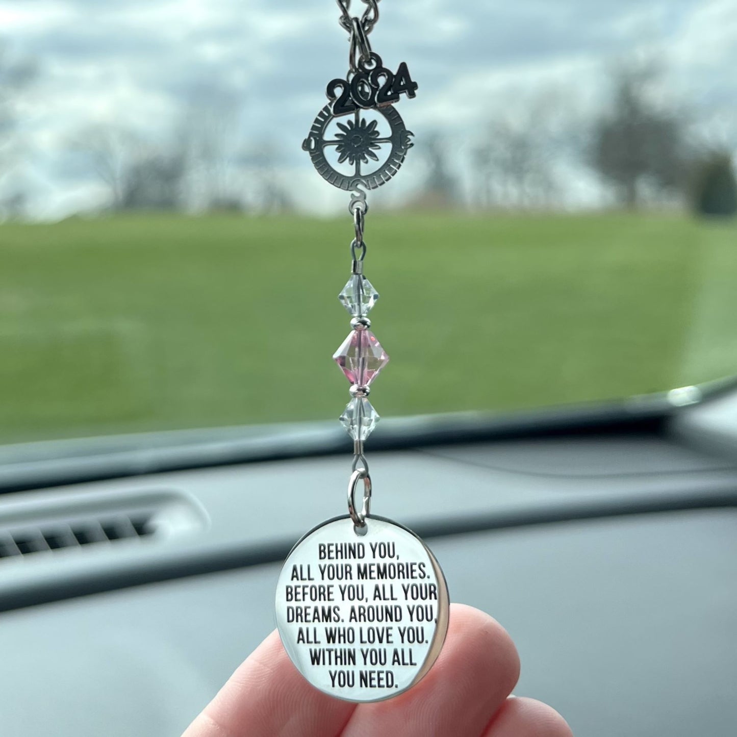 Custom Birthstone Crystal Suncatcher Beaded Rearview Mirror Car Charm, Behind You All Your Memories, High School College Graduation Gift
