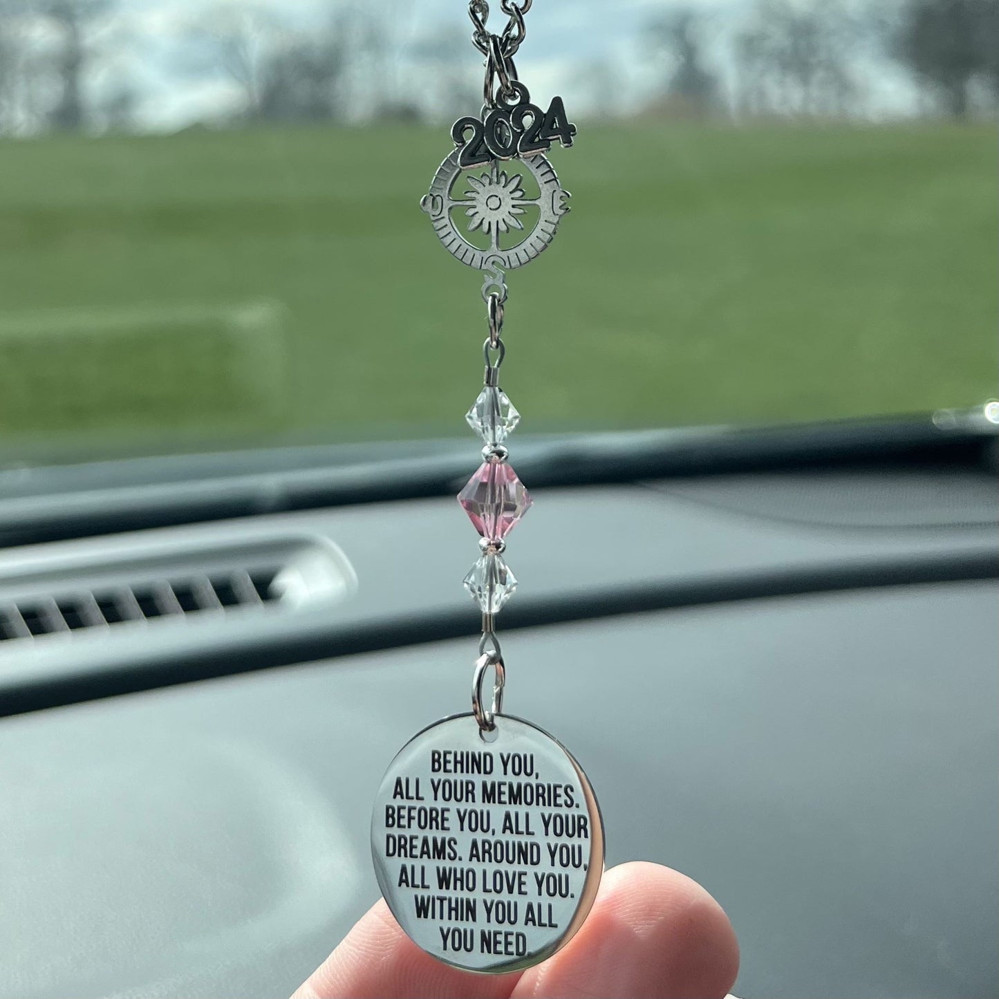 Custom Birthstone Crystal Suncatcher Beaded Rearview Mirror Car Charm, Behind You All Your Memories, High School College Graduation Gift