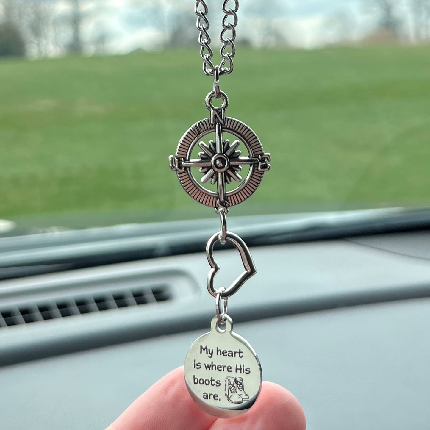 My Heart Is Where His Boots Are Rear View Mirror Car Charm, Soldier Wife Mom Deployment Gift