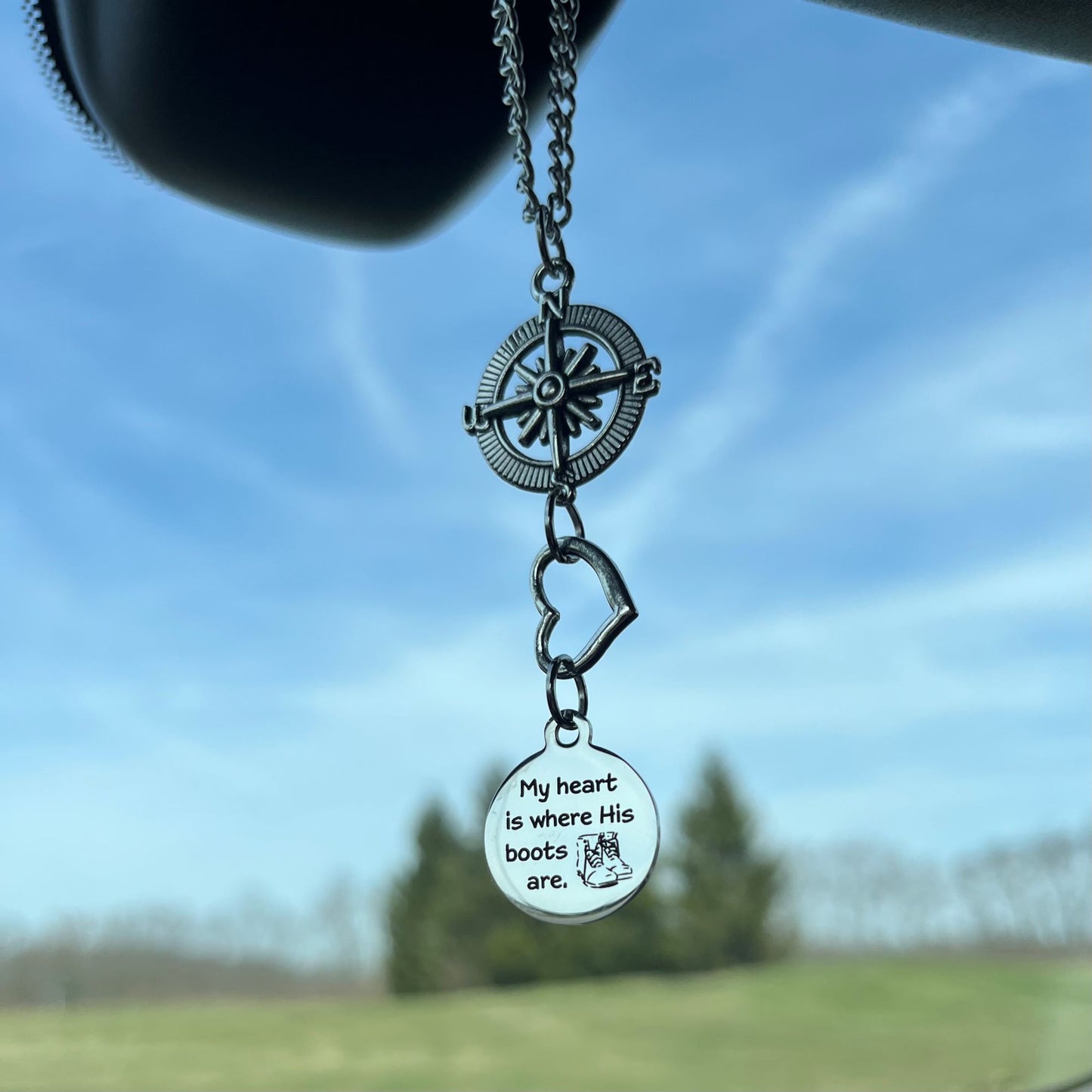 My Heart Is Where His Boots Are Rear View Mirror Car Charm, Soldier Wife Mom Deployment Gift