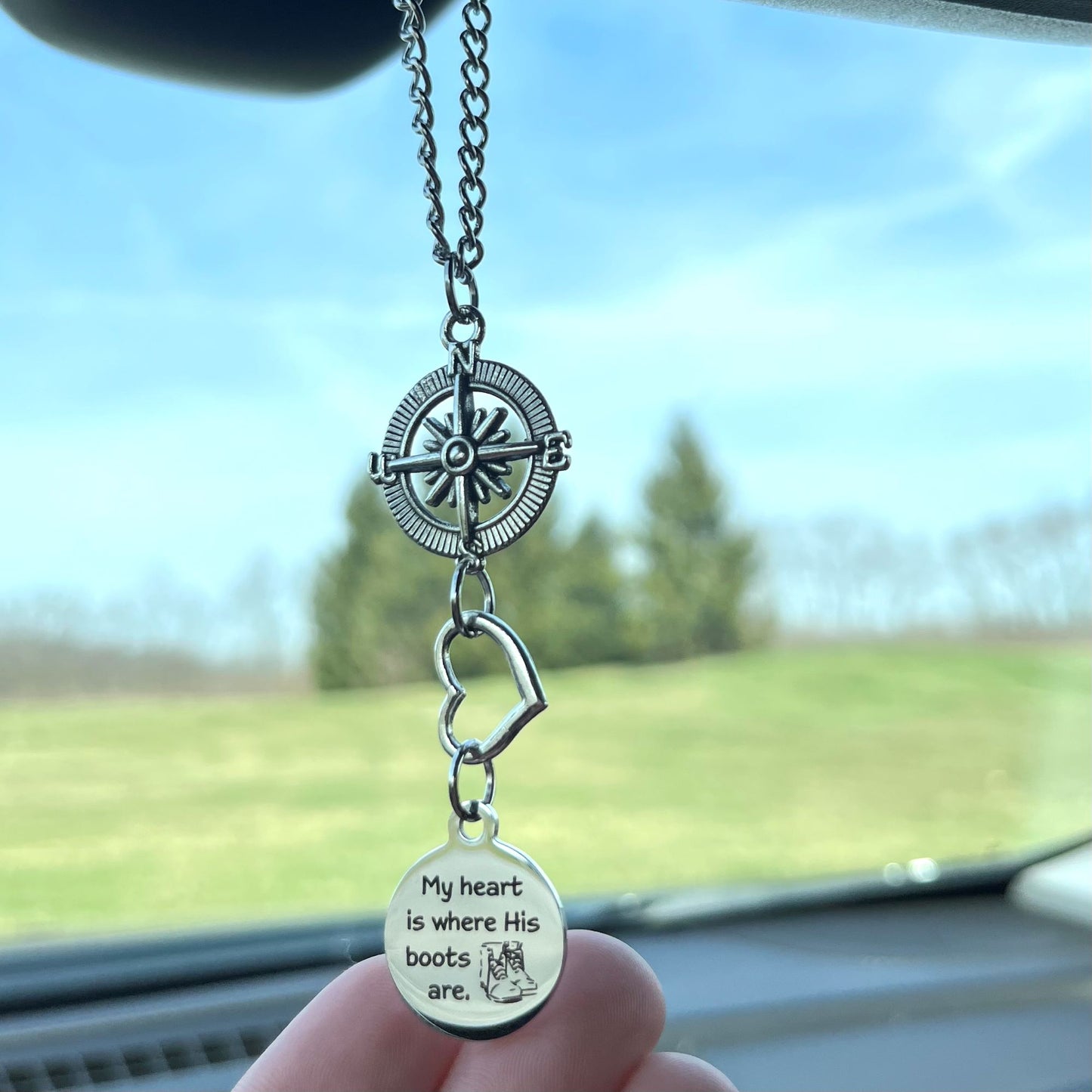 My Heart Is Where His Boots Are Rear View Mirror Car Charm, Soldier Wife Mom Deployment Gift