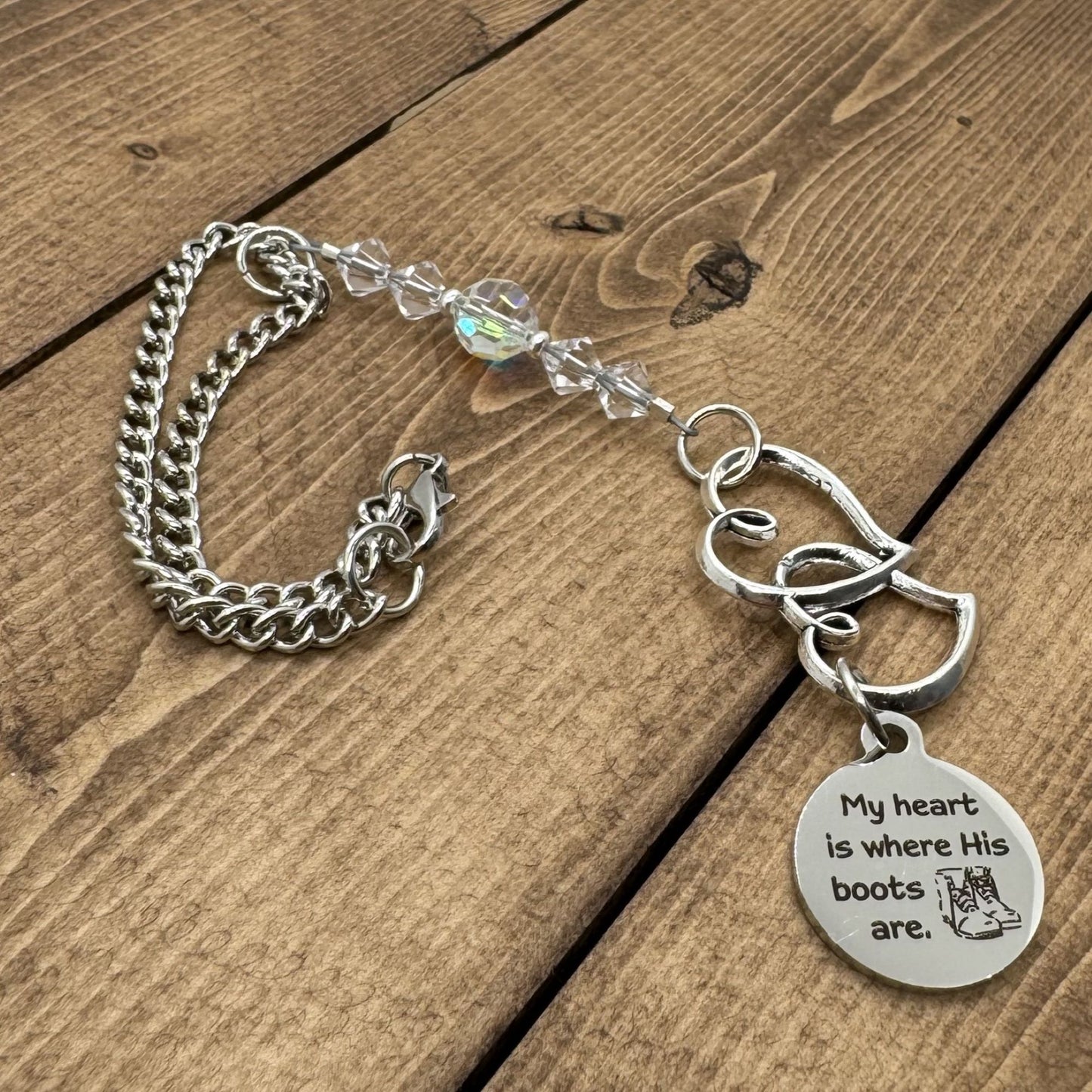 My Heart Is Where His Boots Are Suncatcher Crystal Car Charm, Soldier Wife Mom Deployment Gift