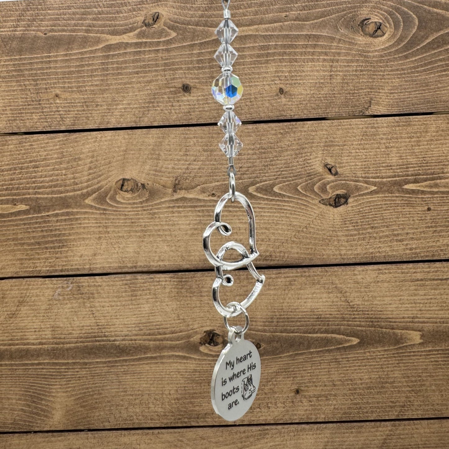 My Heart Is Where His Boots Are Suncatcher Crystal Car Charm, Soldier Wife Mom Deployment Gift