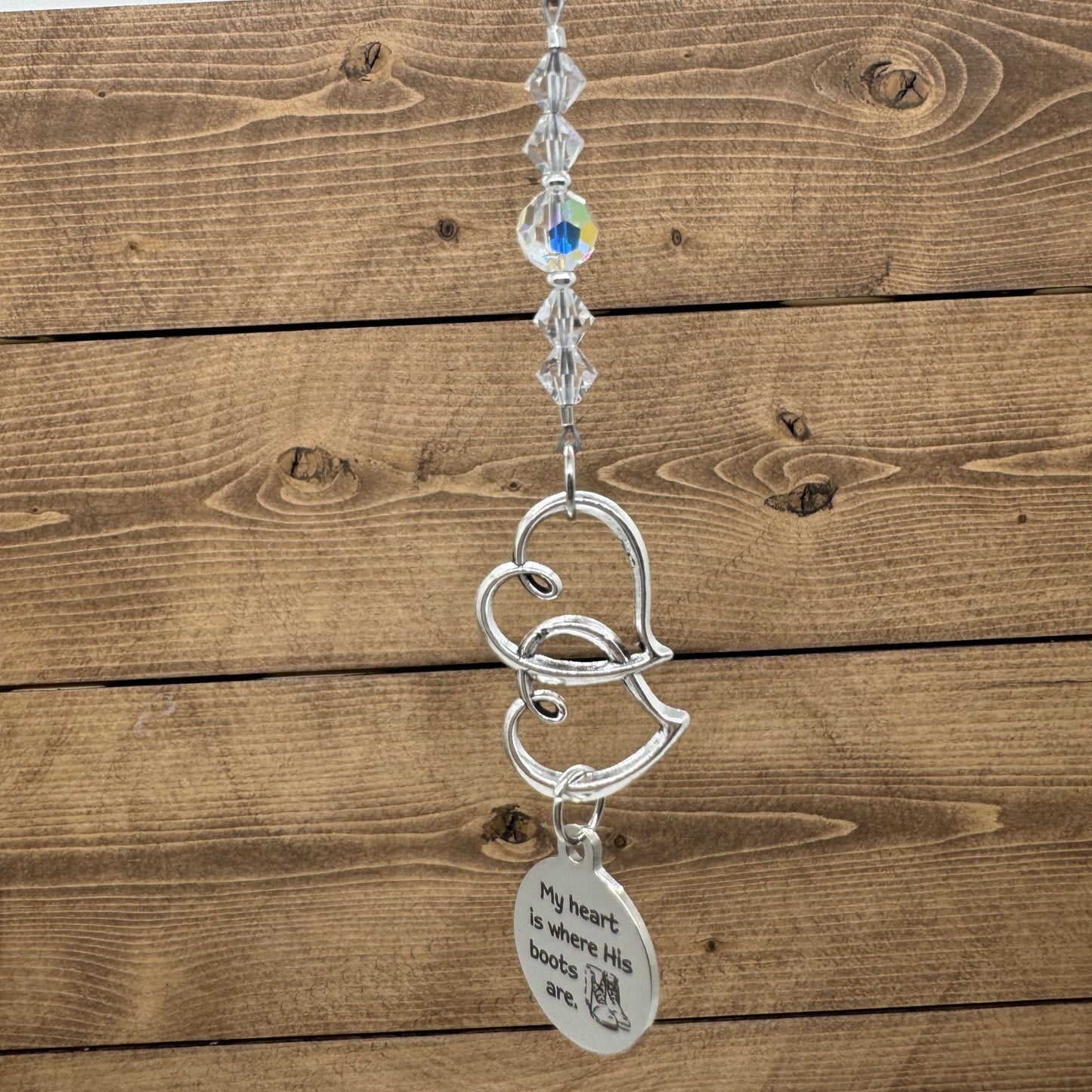 My Heart Is Where His Boots Are Suncatcher Crystal Car Charm, Soldier Wife Mom Deployment Gift