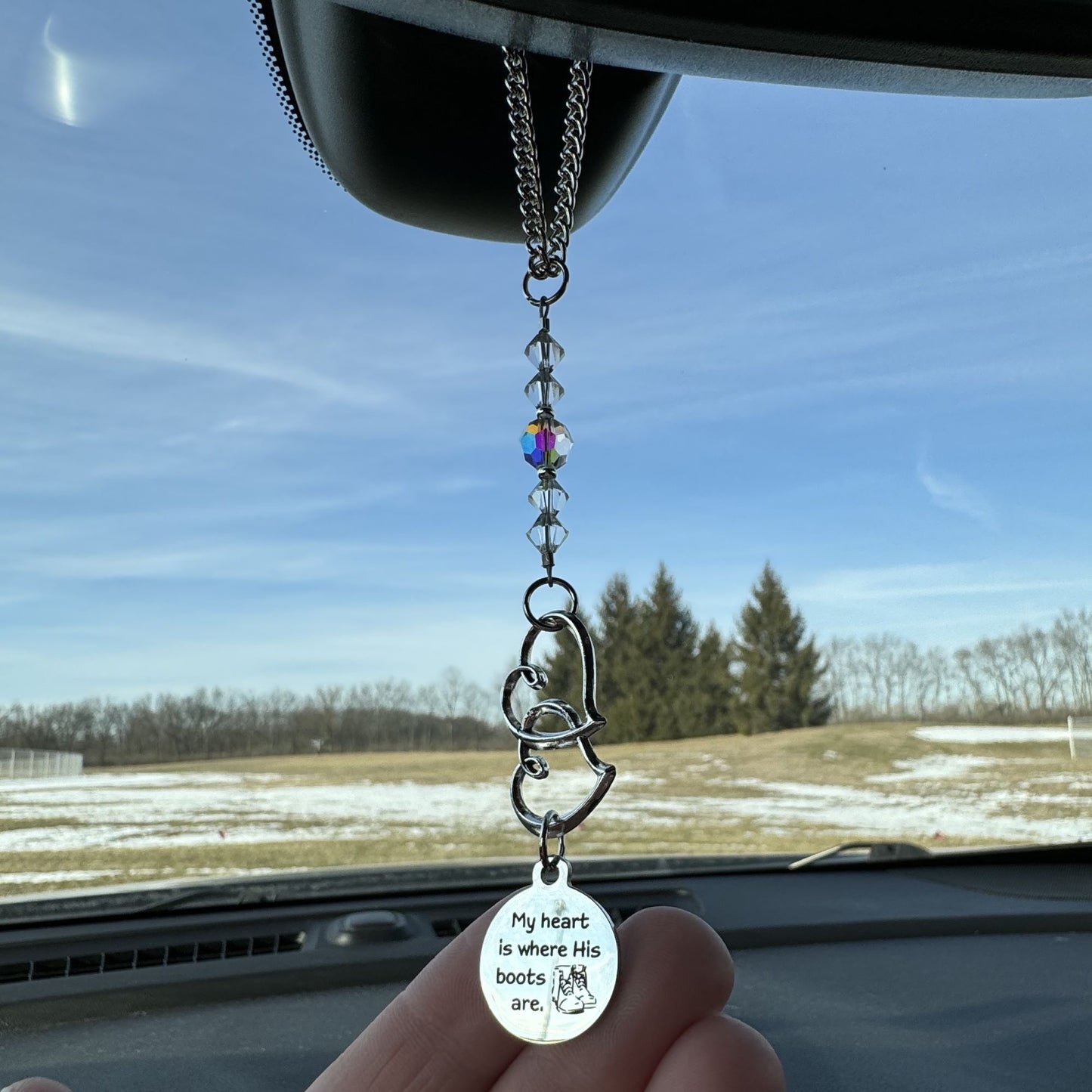 My Heart Is Where His Boots Are Suncatcher Crystal Car Charm, Soldier Wife Mom Deployment Gift