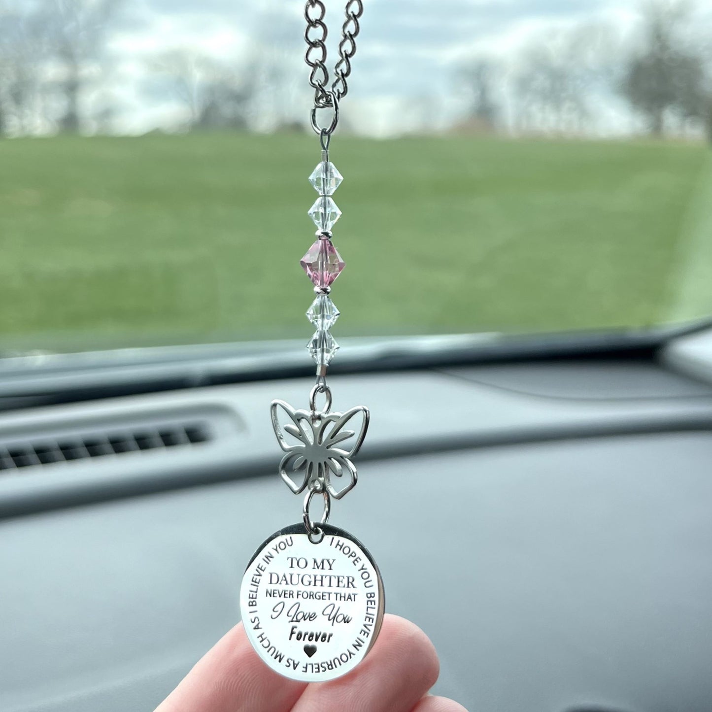 Custom Birthstone Crystal Daughter Butterfly Rear View Mirror Char Charm, To My Daughter Never Forget That I Love You Forever