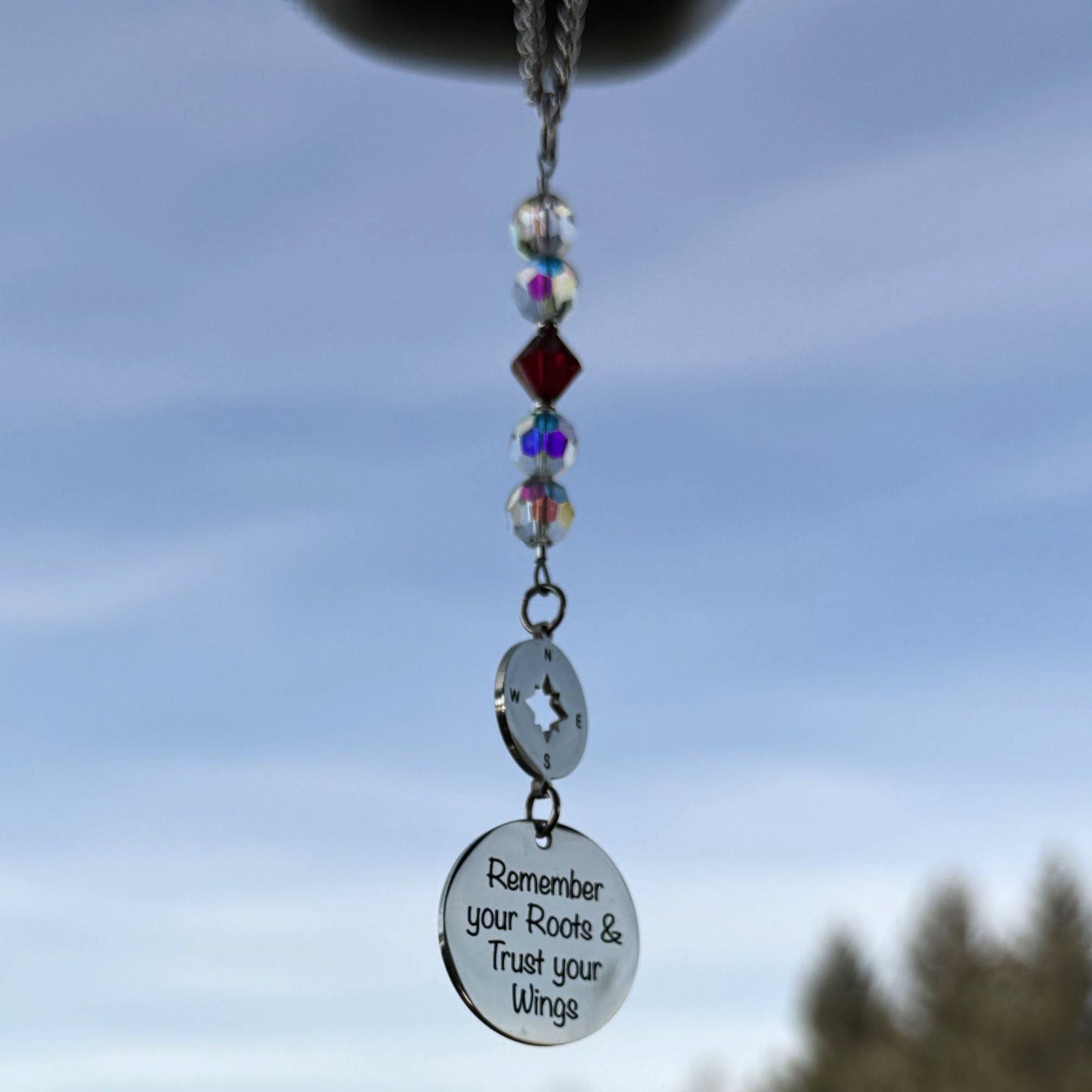 Graduation Going Away Gift, Custom Birthstone Crystal Remember Your Roots And Trust Your Wings Rear View Mirror Car Charm