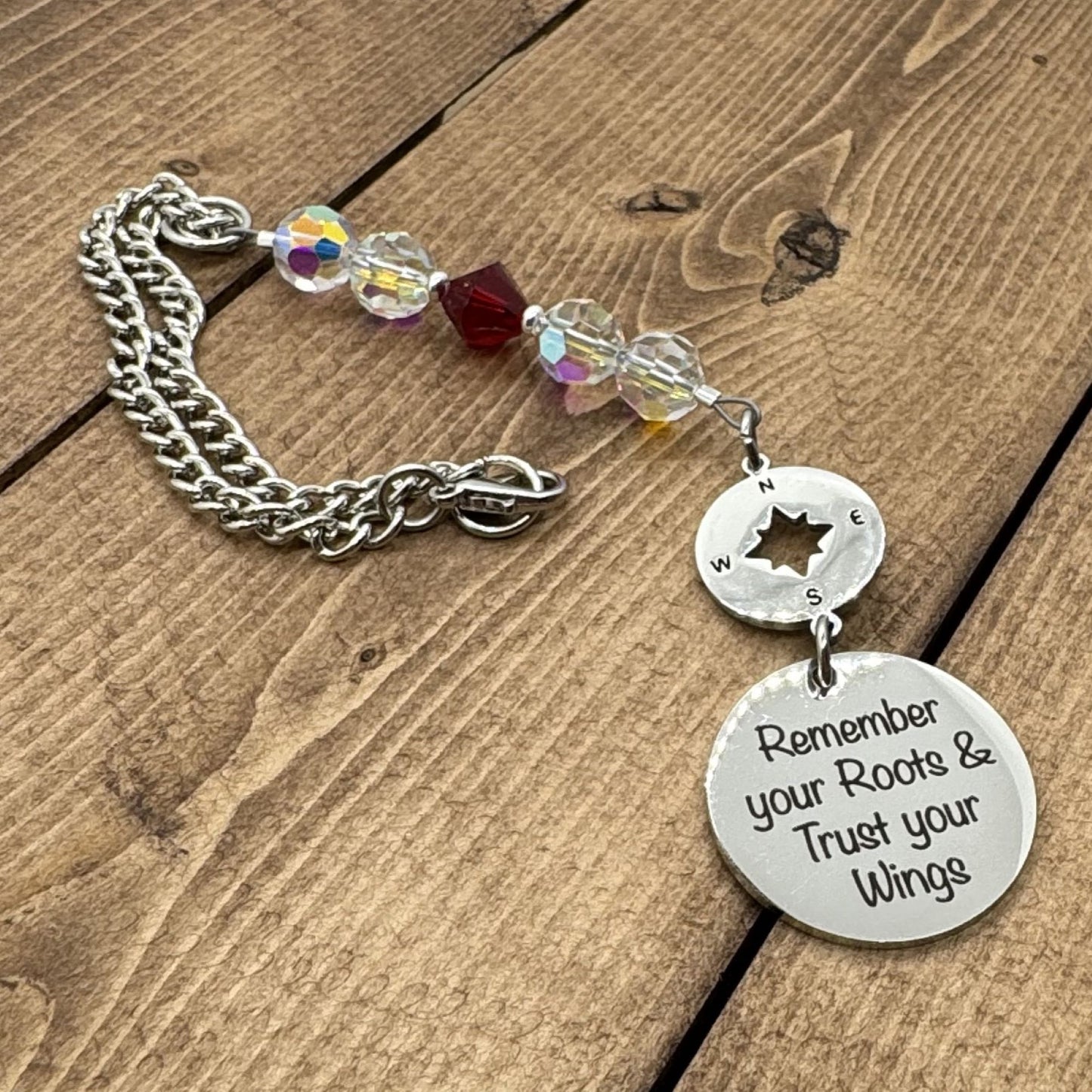 Graduation Going Away Gift, Custom Birthstone Crystal Remember Your Roots And Trust Your Wings Rear View Mirror Car Charm