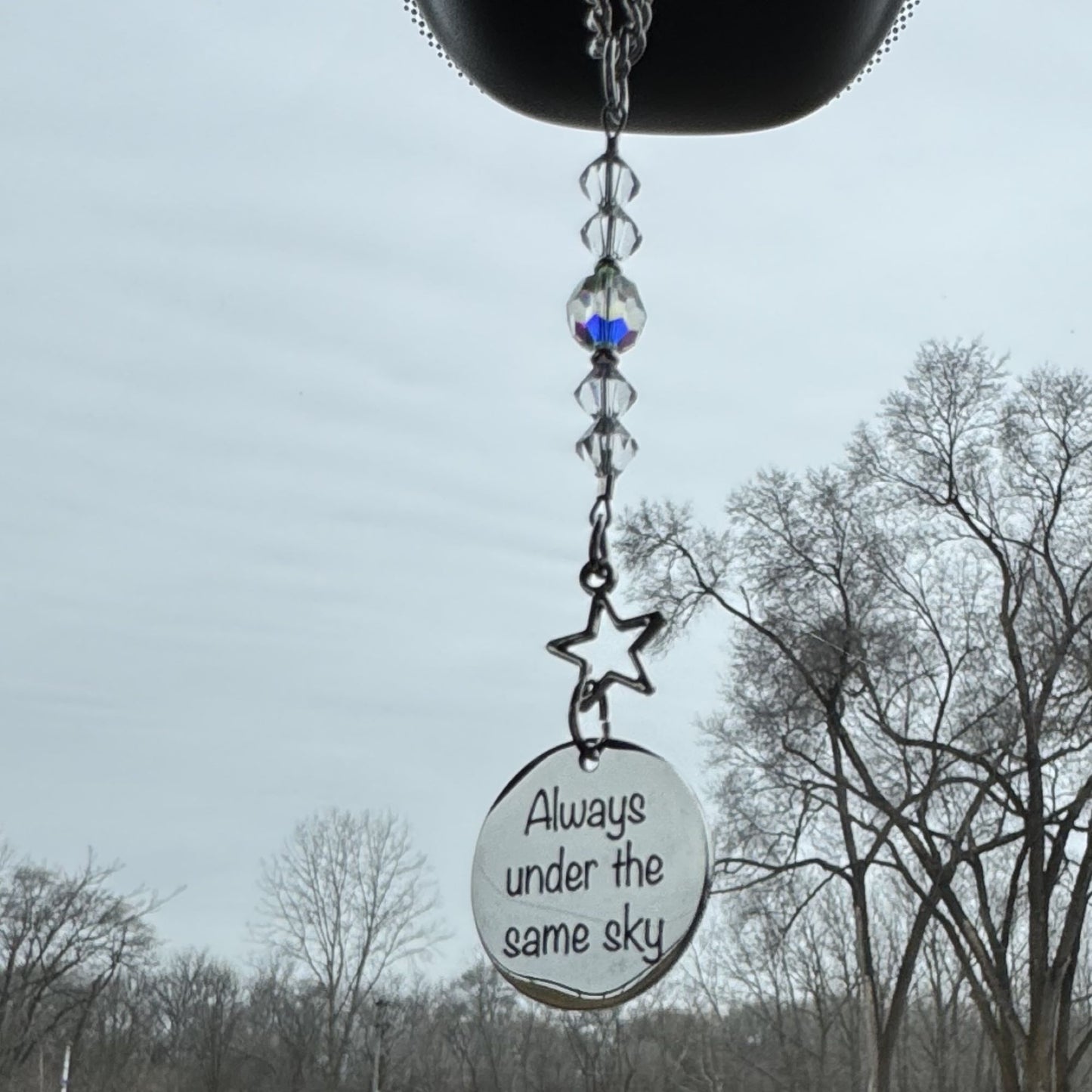 Always Under The Same Sky Sucatcher Rear View Mirror Car Charm, Military Soldier Wife Gift, Soldier Mom Gift, Deployment Gift, Going Moving Away Gift