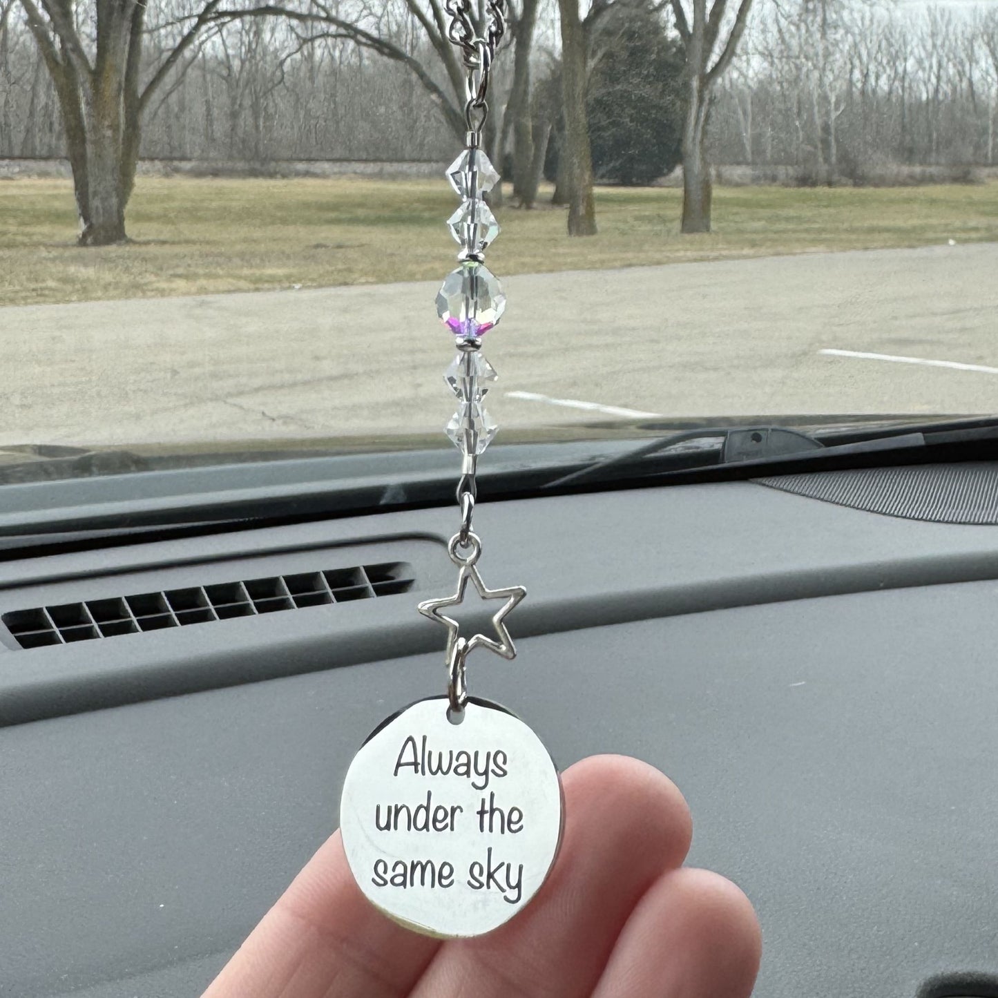 Always Under The Same Sky Sucatcher Rear View Mirror Car Charm, Military Soldier Wife Gift, Soldier Mom Gift, Deployment Gift, Going Moving Away Gift