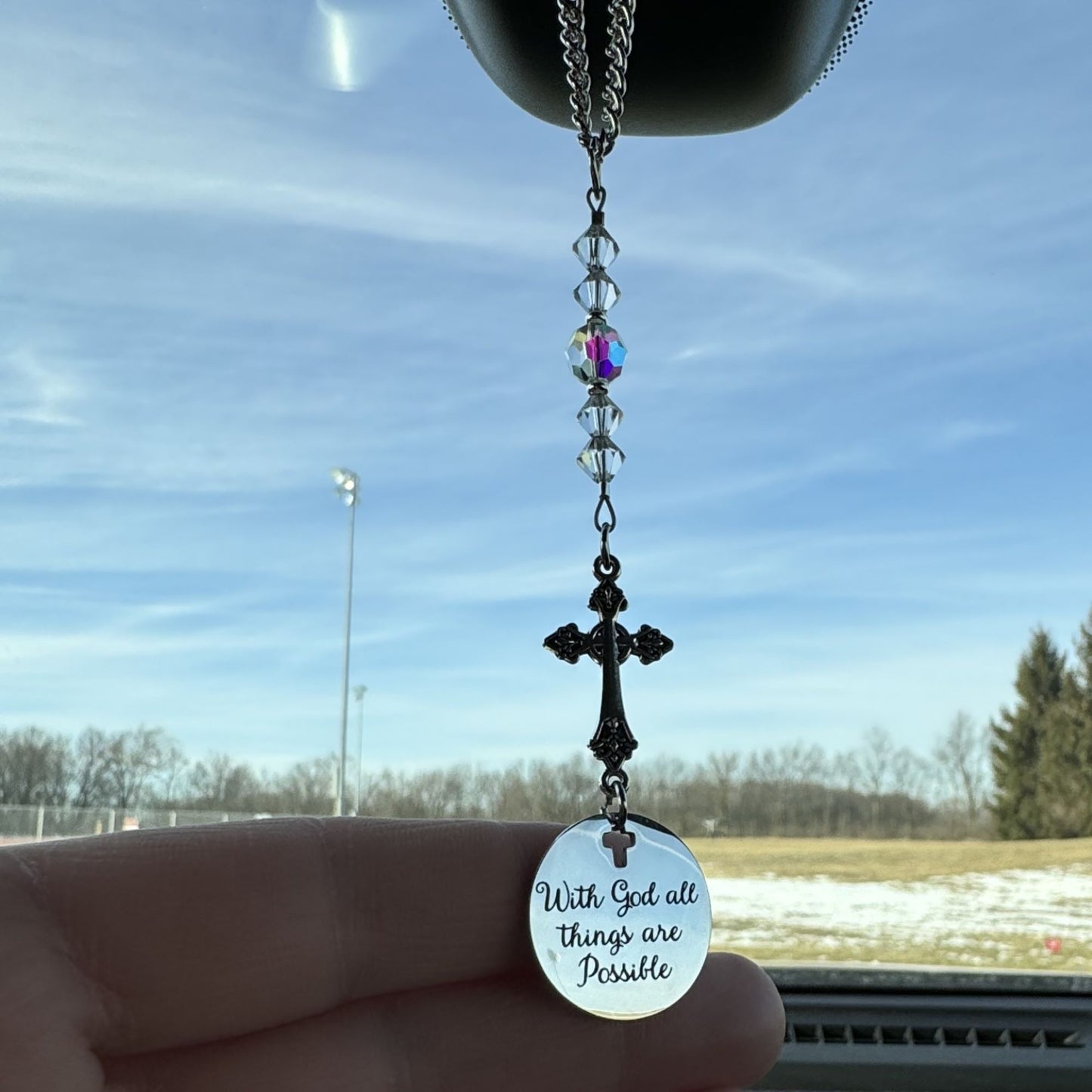Cross Suncatcher Car Charm Gift , With God All Things Are Possible, Religious Christian Gifts