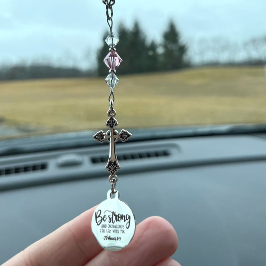 Cross Birthstone Crystal Rearview Mirror Car Charm, Be Strong And Courageous For I Am With You