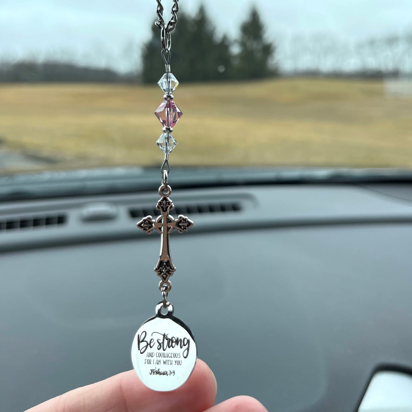 Cross Birthstone Crystal Rearview Mirror Car Charm, Be Strong And Courageous For I Am With You