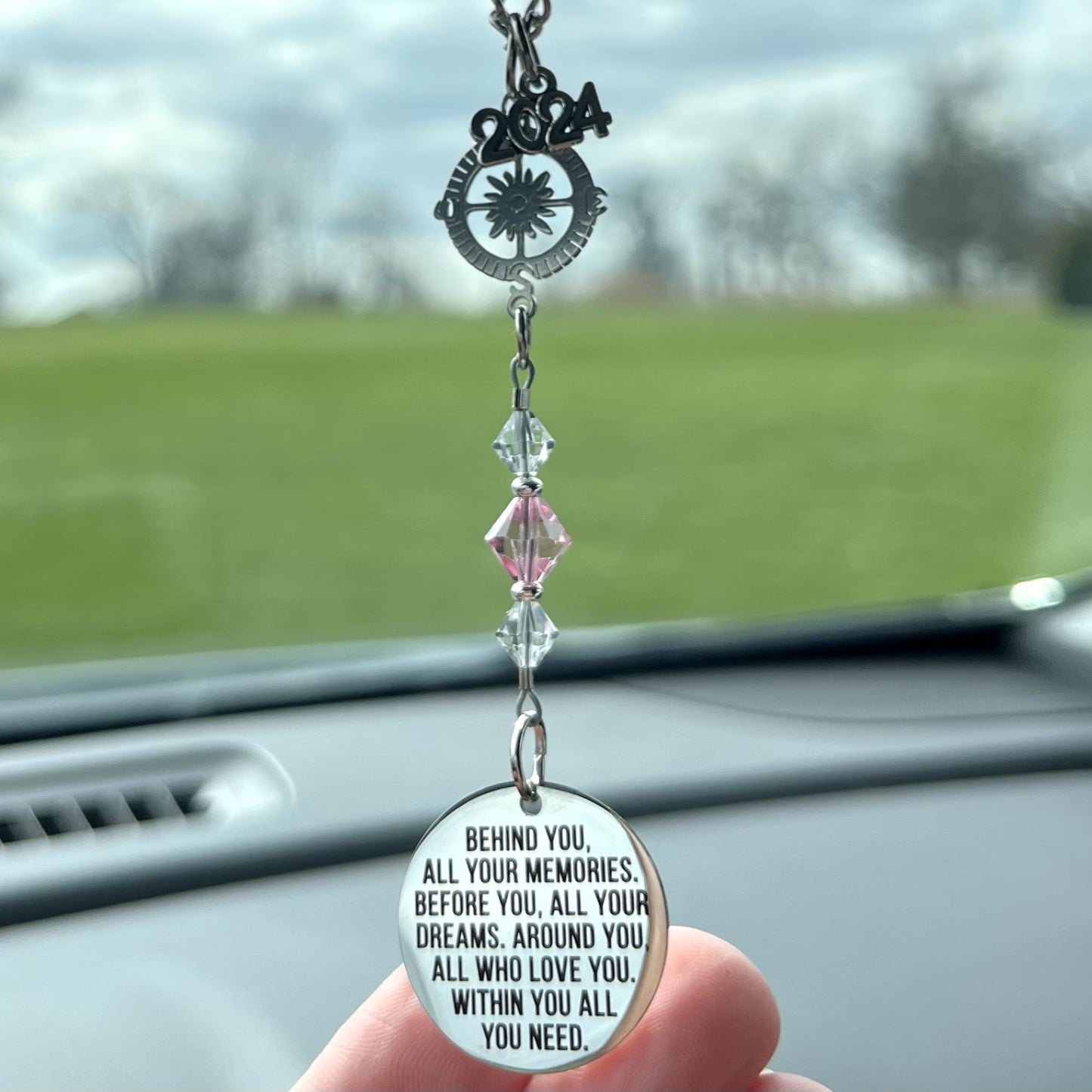 Custom Birthstone Crystal Suncatcher Beaded Rearview Mirror Car Charm, Behind You All Your Memories, High School College Graduation Gift