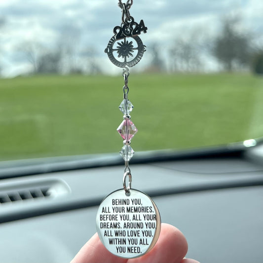 Custom Birthstone Crystal Suncatcher Beaded Rearview Mirror Car Charm, Behind You All Your Memories, High School College Graduation Gift