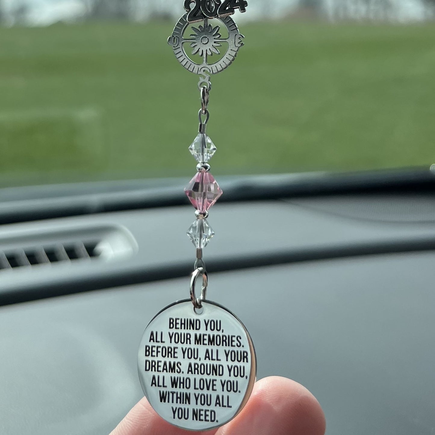 Custom Birthstone Crystal Suncatcher Beaded Rearview Mirror Car Charm, Behind You All Your Memories, High School College Graduation Gift