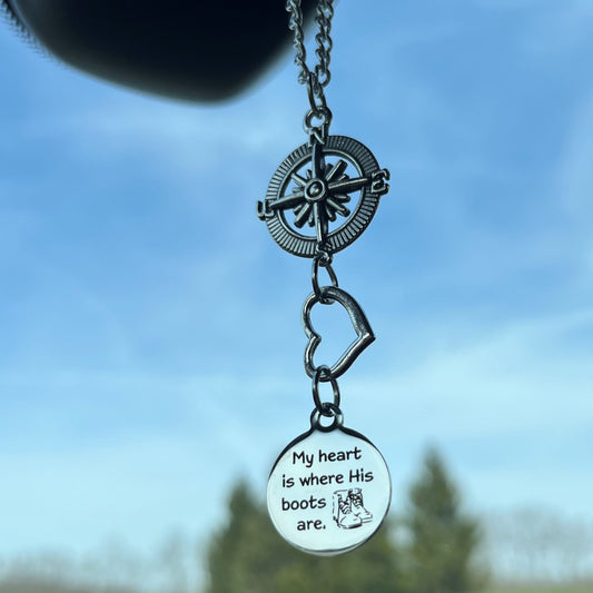My Heart Is Where His Boots Are Rear View Mirror Car Charm, Soldier Wife Mom Deployment Gift