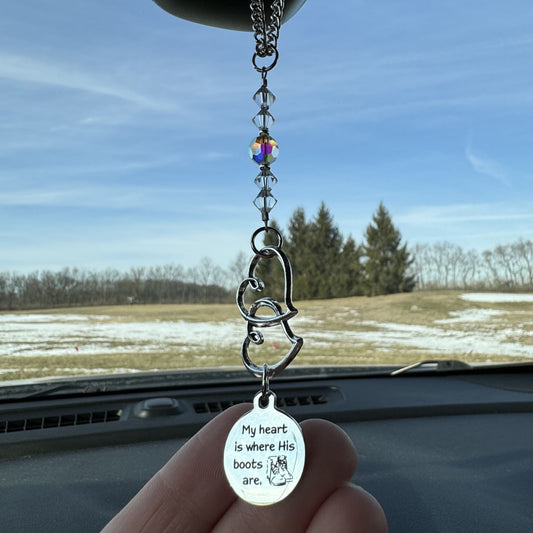 My Heart Is Where His Boots Are Suncatcher Crystal Car Charm, Soldier Wife Mom Deployment Gift