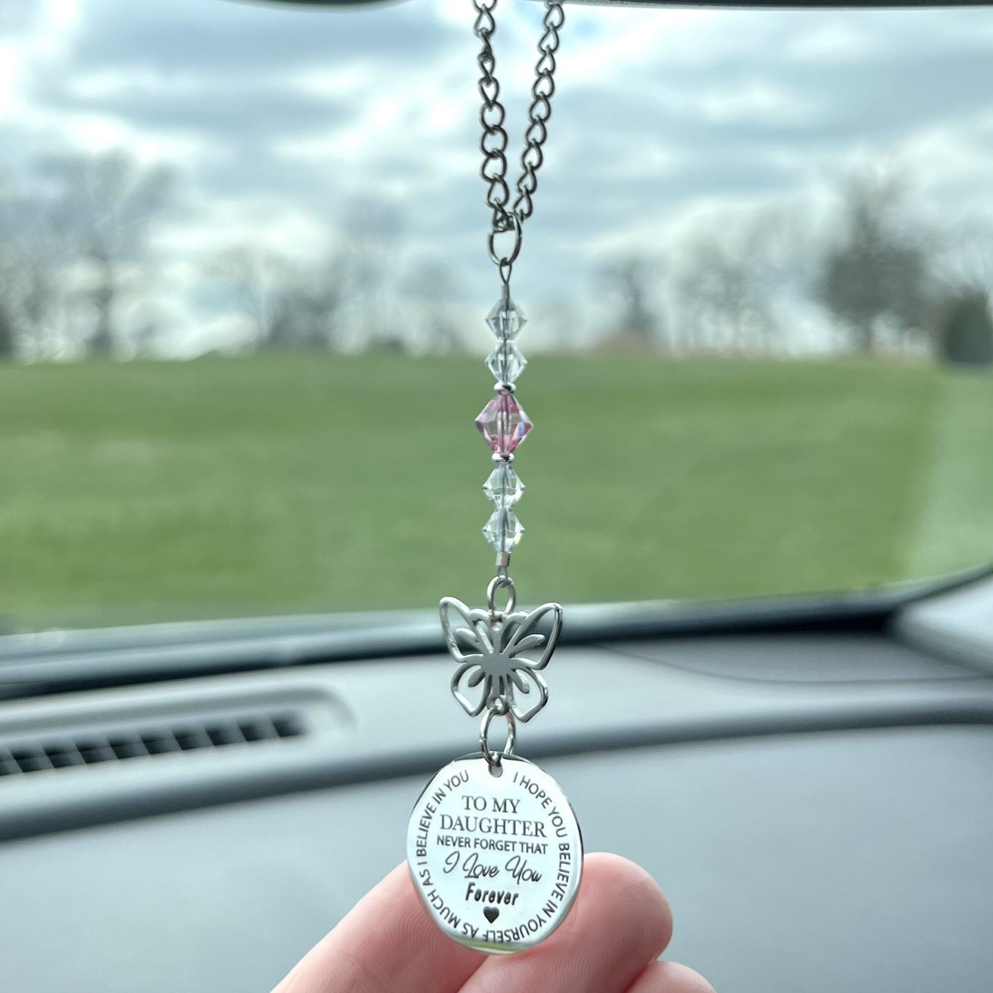 Custom Birthstone Crystal Daughter Butterfly Rear View Mirror Char Charm, To My Daughter Never Forget That I Love You Forever