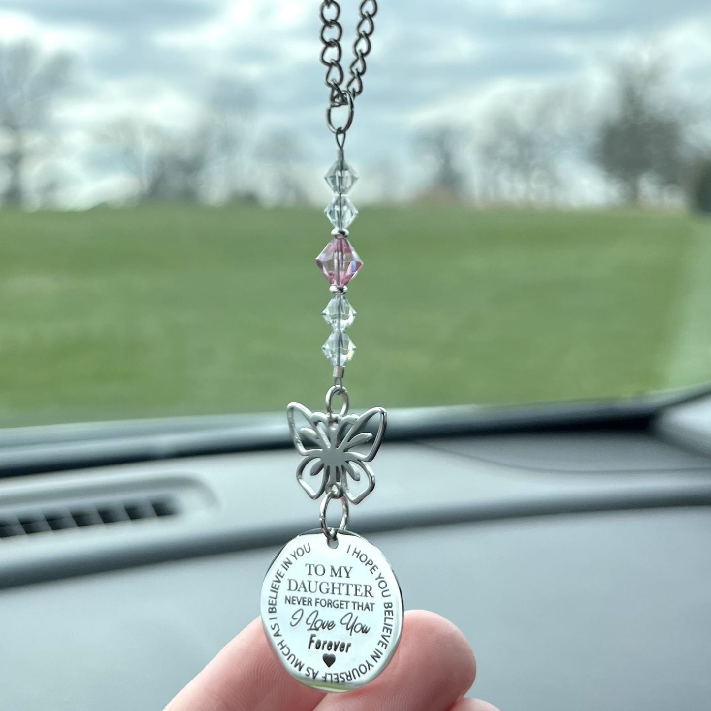 Custom Birthstone Crystal Daughter Butterfly Rear View Mirror Char Charm, To My Daughter Never Forget That I Love You Forever