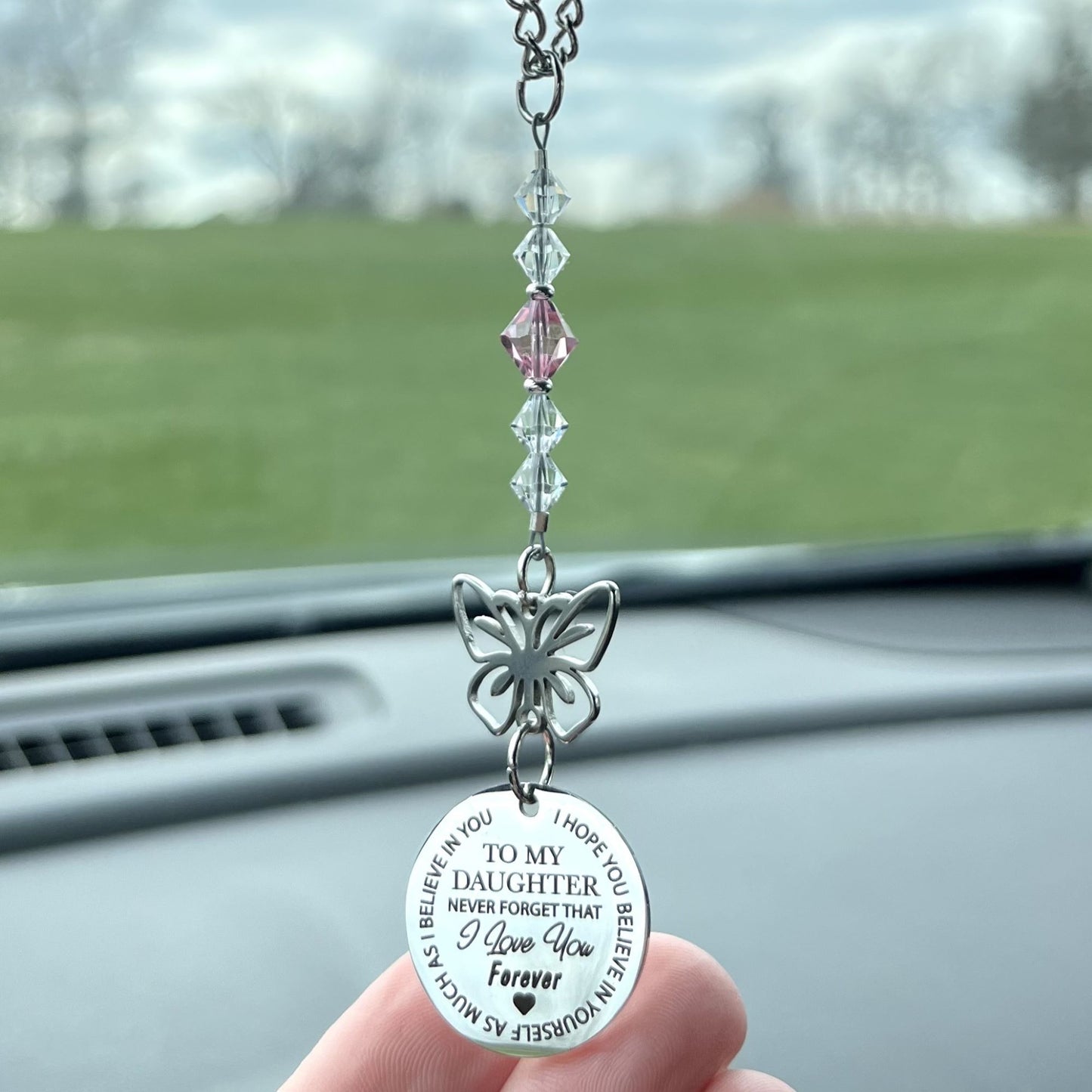 Custom Birthstone Crystal Daughter Butterfly Rear View Mirror Char Charm, To My Daughter Never Forget That I Love You Forever