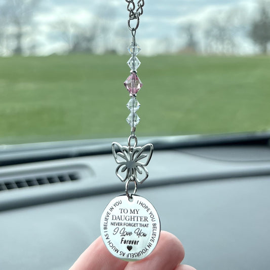 Custom Birthstone Crystal Daughter Butterfly Rear View Mirror Char Charm, To My Daughter Never Forget That I Love You Forever