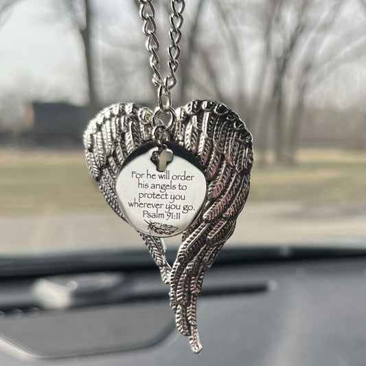 Angel Wings Car Charm, For He Will Order His Angels To Protect You Wherever You Will Go. Psalm 91:11, Christian Gift