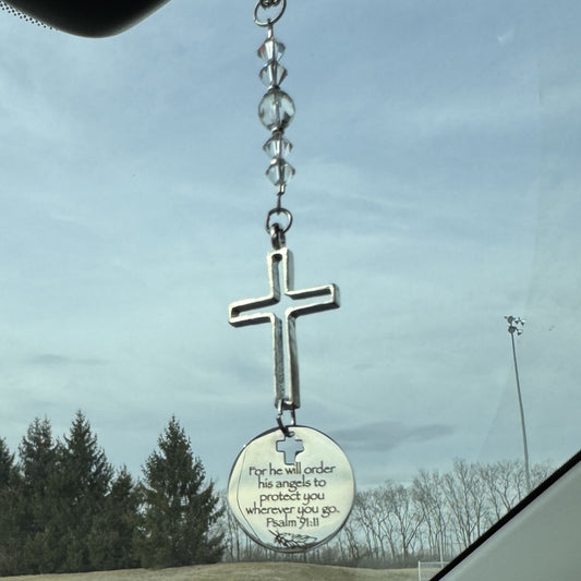 For He Will Order His Angel To Protect You Cross Suncatcher Car Charm Gift