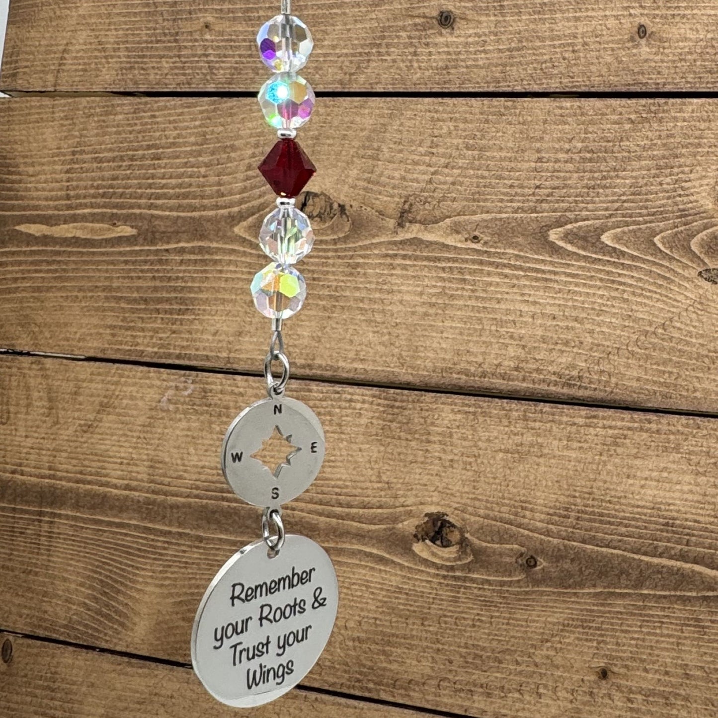 Graduation Going Away Gift, Custom Birthstone Crystal Remember Your Roots And Trust Your Wings Rear View Mirror Car Charm