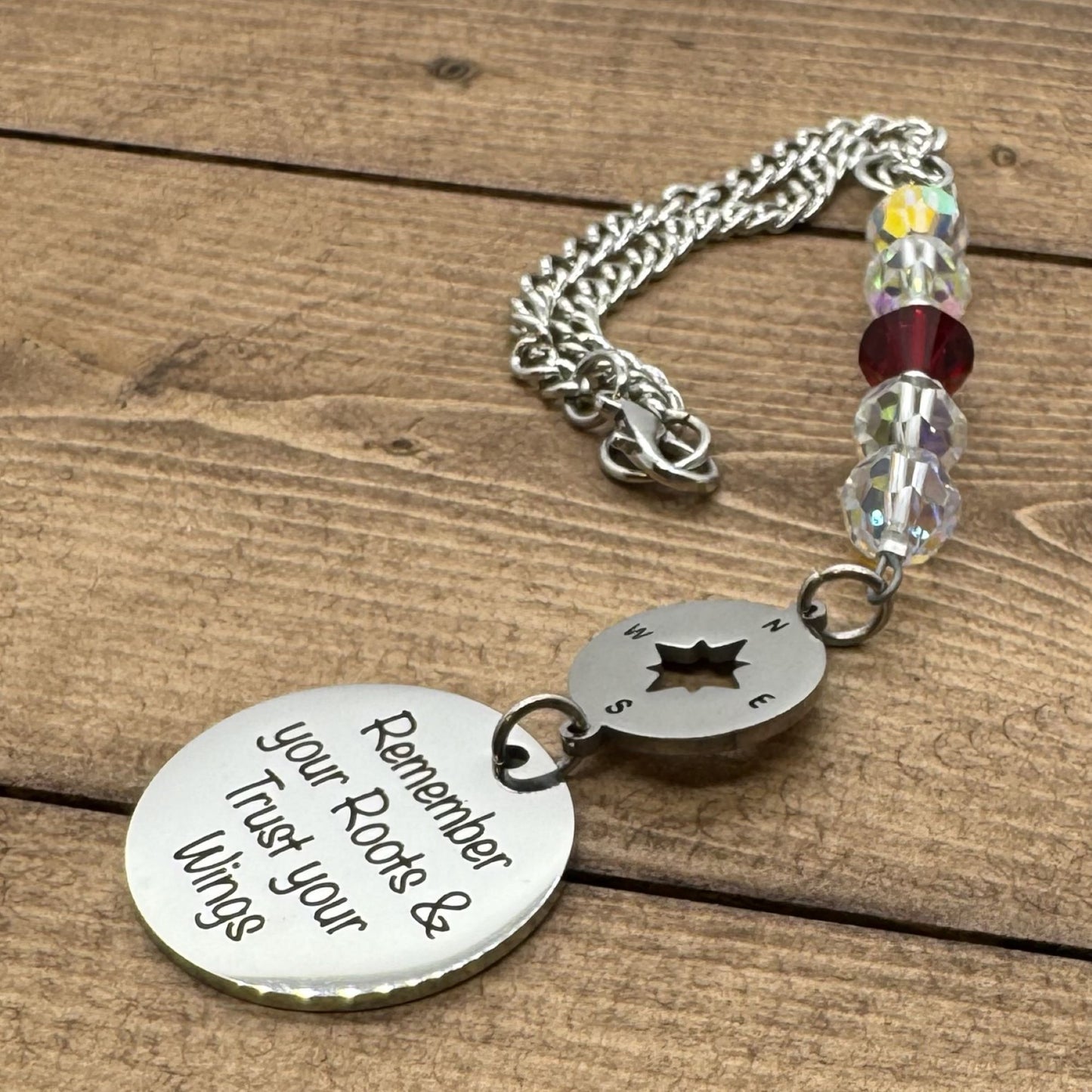 Graduation Going Away Gift, Custom Birthstone Crystal Remember Your Roots And Trust Your Wings Rear View Mirror Car Charm