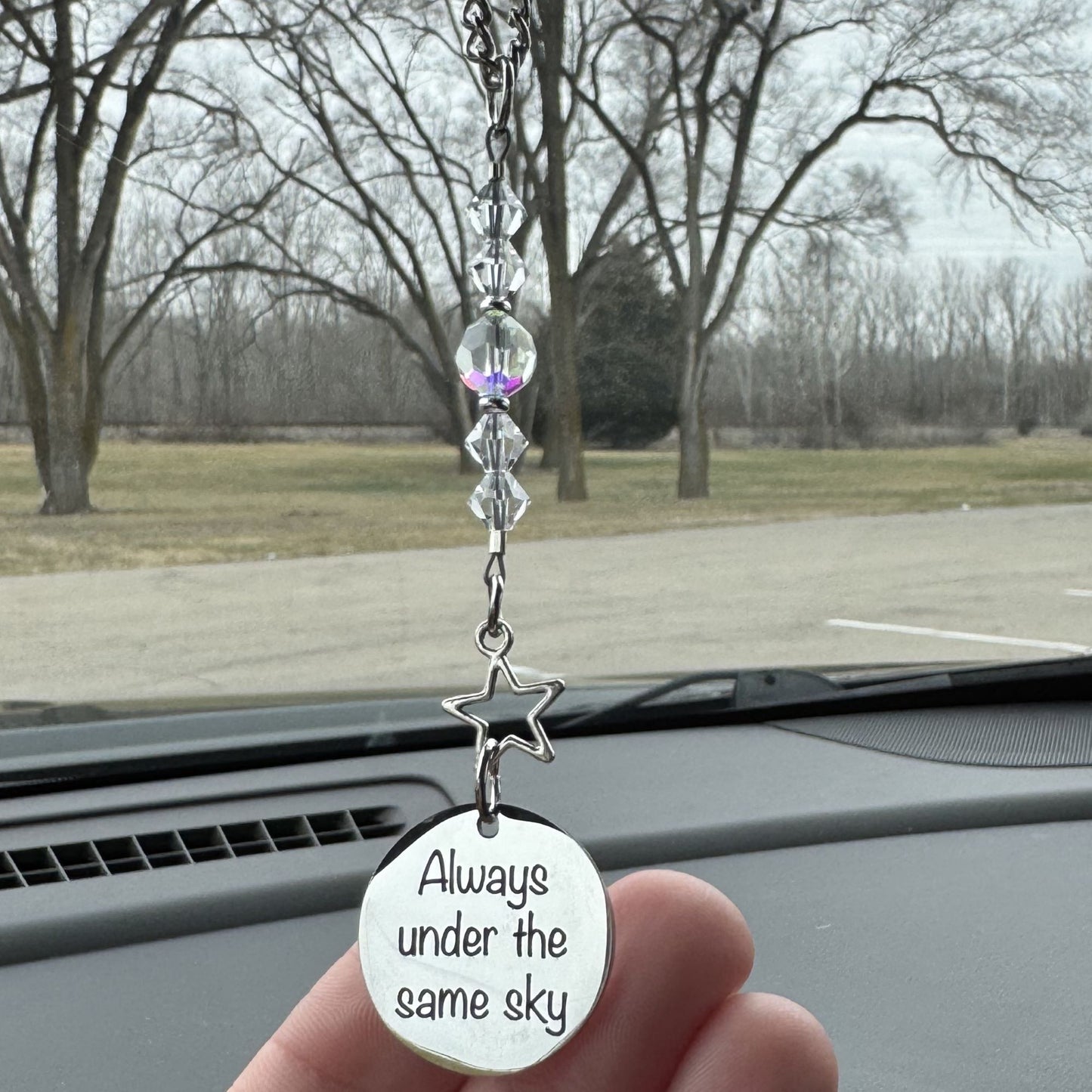 Always Under The Same Sky Sucatcher Rear View Mirror Car Charm, Military Soldier Wife Gift, Soldier Mom Gift, Deployment Gift, Going Moving Away Gift