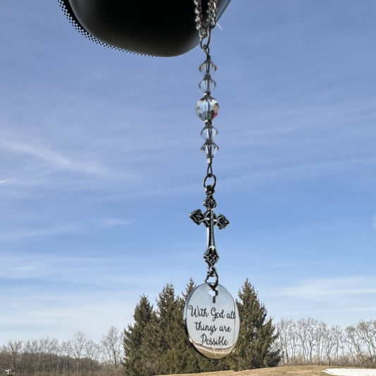 Cross Suncatcher Car Charm Gift , With God All Things Are Possible, Religious Christian Gifts